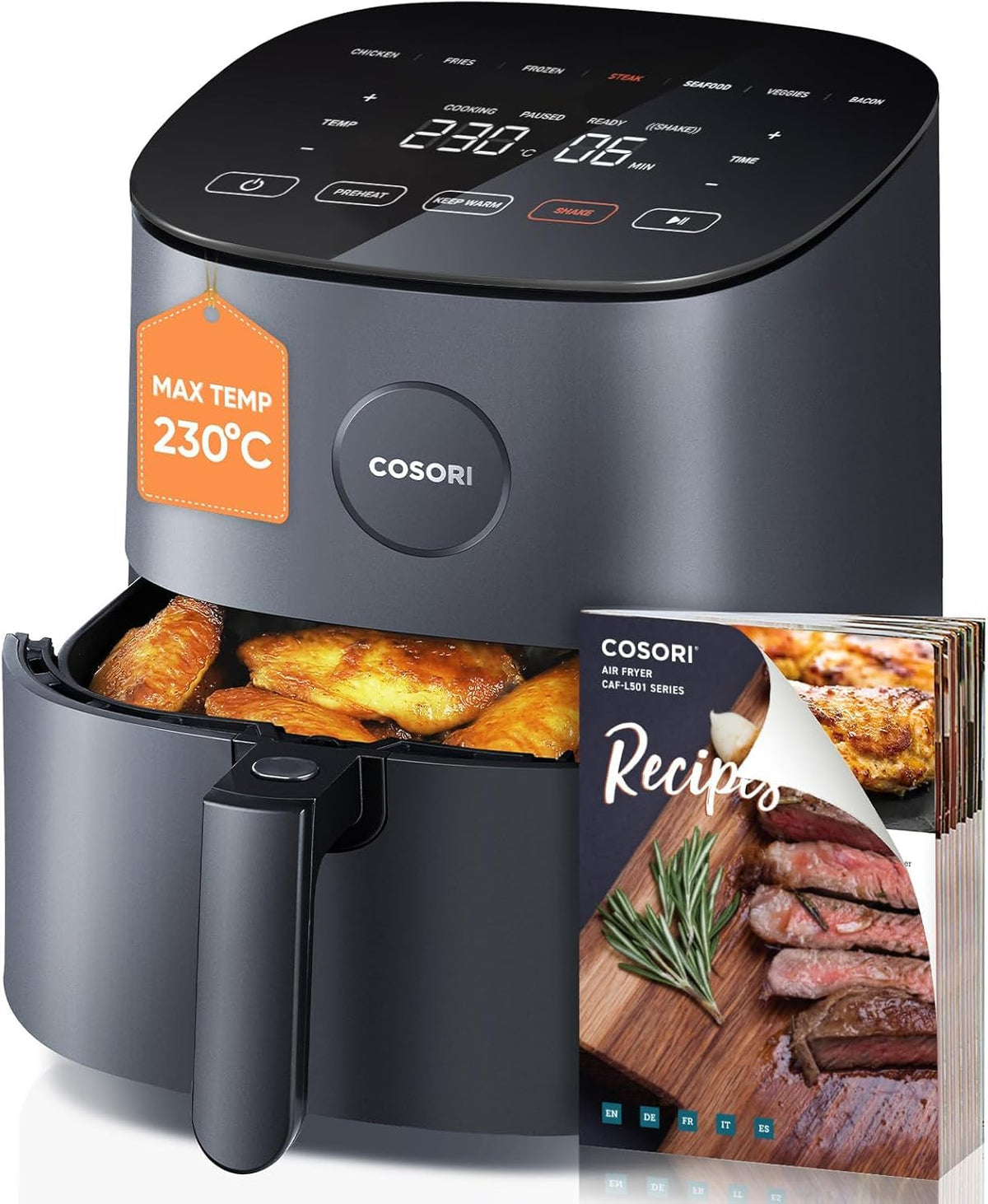 COSORI Air Fryer 4.7L, 9-in-1 Compact Air Fryer Oven, 130+ Recipes (Cookbook & Online), Max 230℃ Setting, Digital Tempered Glass Display, Quiet, 4 Portions, Non-Stick, Dishwasher Safe, 1500W