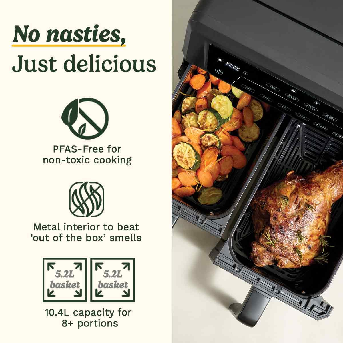 Cuisinart XXL 10.4L Air Fryer with 2 x 5.2L Drawers | PFAS Free | Chemical-free cooking | Air Fry, Roast, Grill, Bake, Dehydrate, Max Crisp, Keep Warm | Dual Zones - cook 8+ portions | Dishwasher Safe