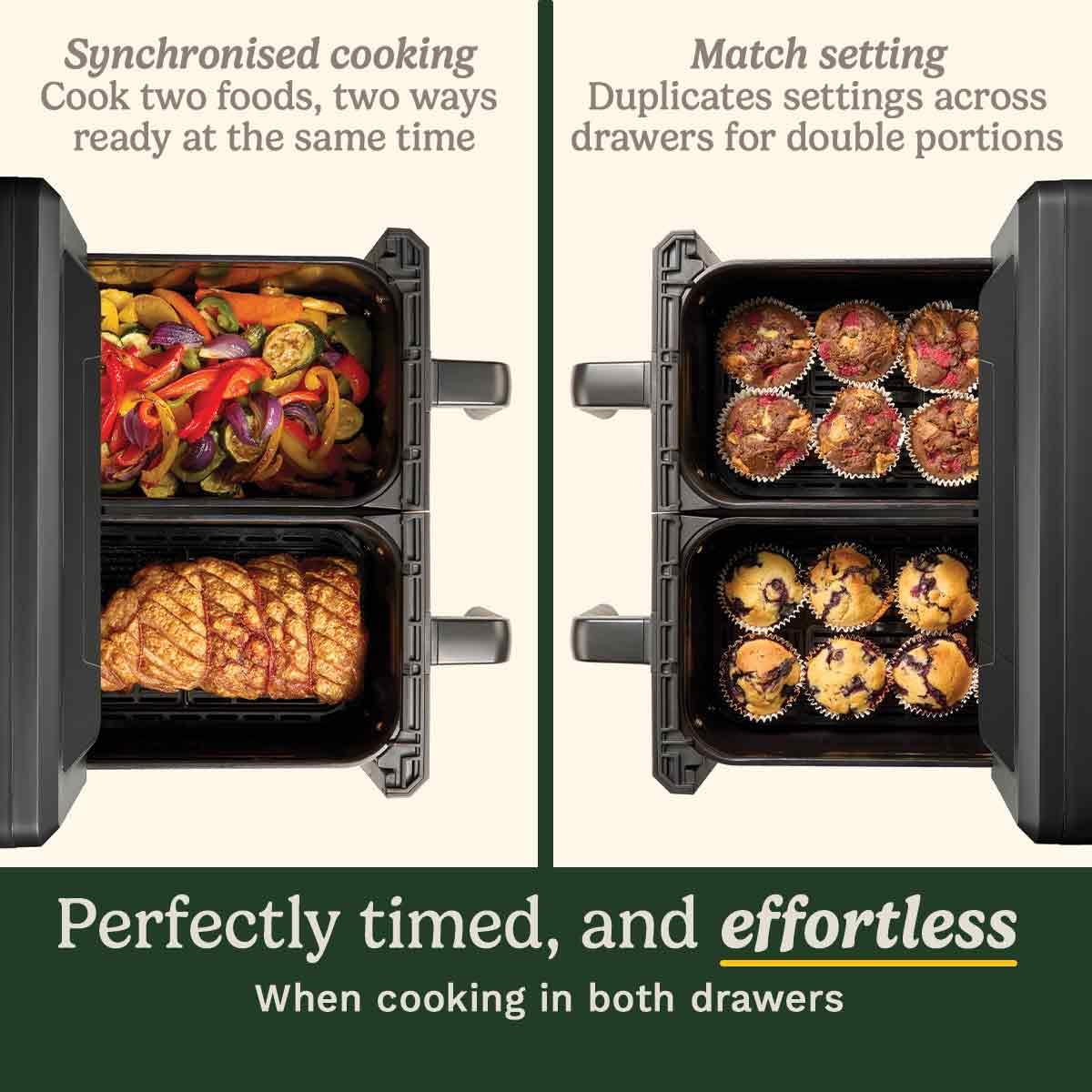 Cuisinart XXL 10.4L Air Fryer with 2 x 5.2L Drawers | PFAS Free | Chemical-free cooking | Air Fry, Roast, Grill, Bake, Dehydrate, Max Crisp, Keep Warm | Dual Zones - cook 8+ portions | Dishwasher Safe