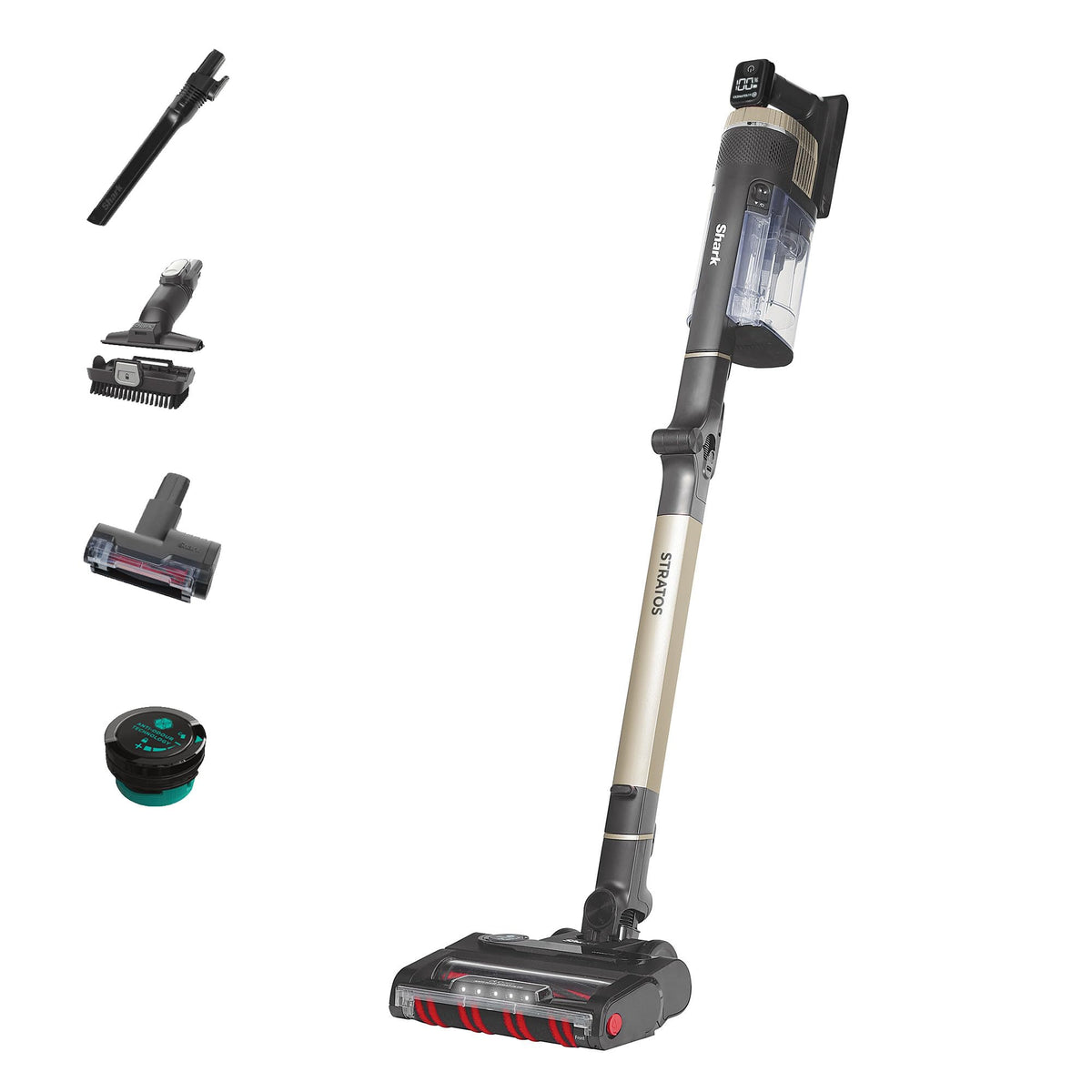 Shark Stratos Cordless Stick Vacuum Cleaner Pet Pro with Anti Hair Wrap Plus, Clean Sense IQ & Anti-Odour Technology, 60 Mins Run-Time, Removable Battery, 3 Attachments, Charcoal/Brass IZ400UKT