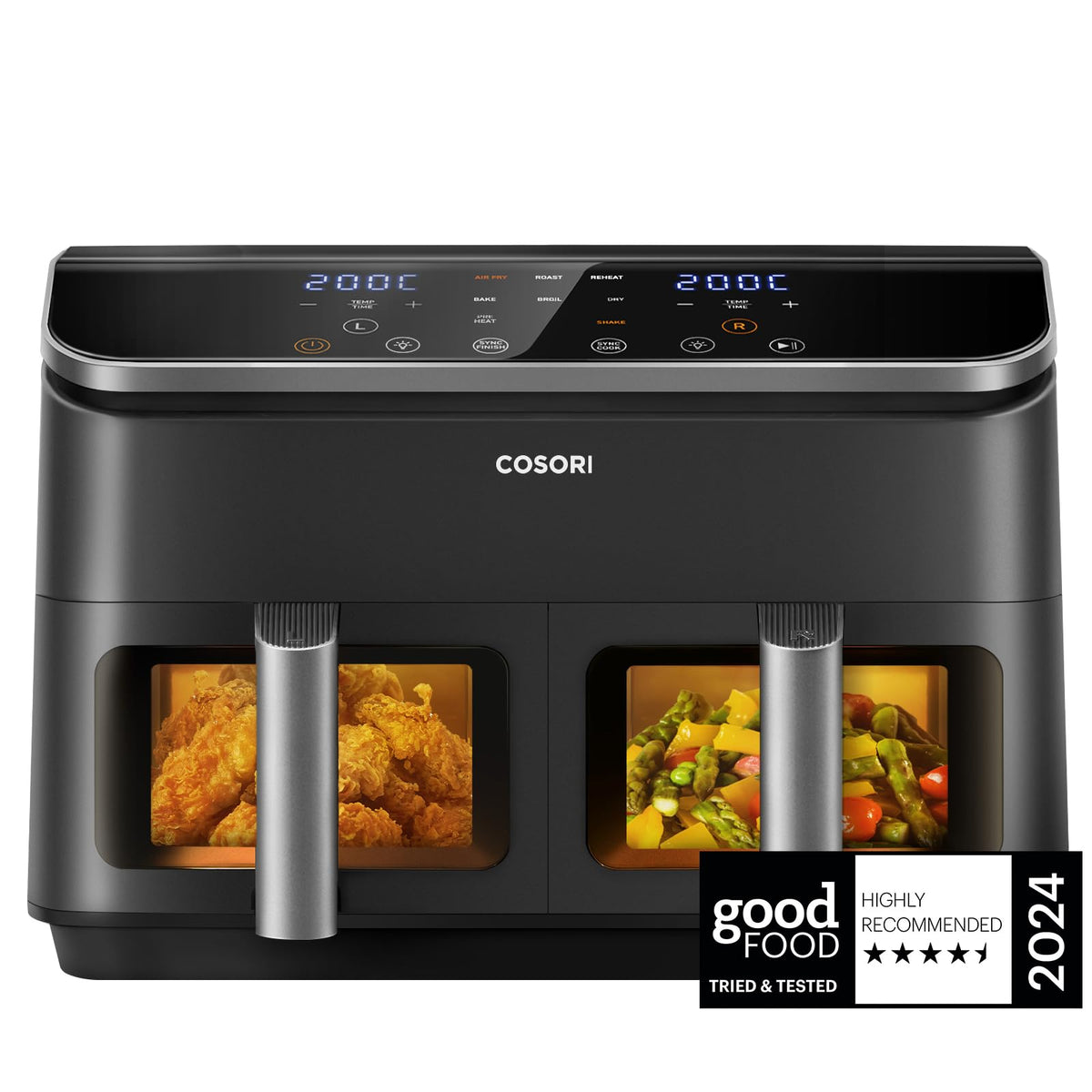 Cosori Dual Air Fryer, 8.5L Family Size, 8-in-1 Dual Air Fryer, Air Fry, Roast, Bake, Sync Cook & Finish, Fast and Energy Efficient, Healthy 50+ Online Recipes, 5 Accessories, Non-Stick