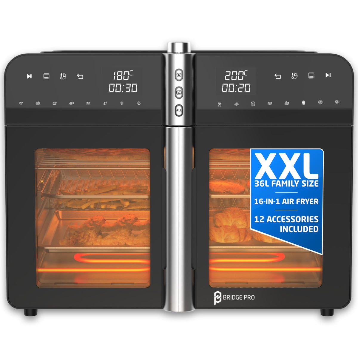 Bridge Pro 36-Liter Air Fryer Oven with French Doors and Accessories - XXL Dual Zone Air Fryer, Family Sized, Double Door, 16-in-1 Countertop Oven, Extra Large for Families, Fast and Healthy Cooking