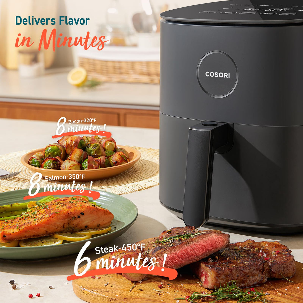 COSORI Air Fryer 4.7L, 9-in-1 Compact Air Fryer Oven, 130+ Recipes (Cookbook & Online), Max 230℃ Setting, Digital Tempered Glass Display, Quiet, 4 Portions, Non-Stick, Dishwasher Safe, 1500W