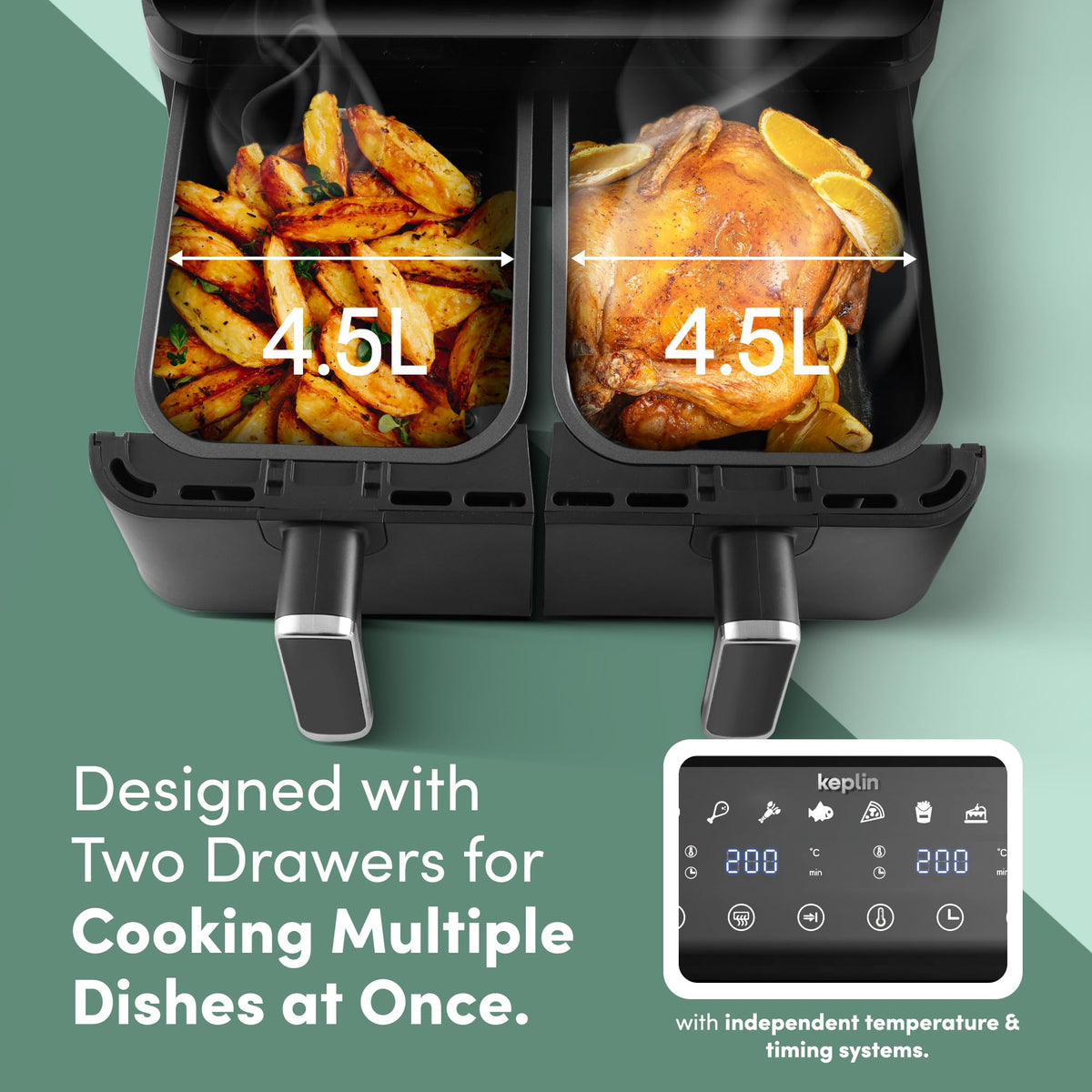 Keplin 9L Dual Zone Air Fryer - 2700W 8-in-1 Cooker Black