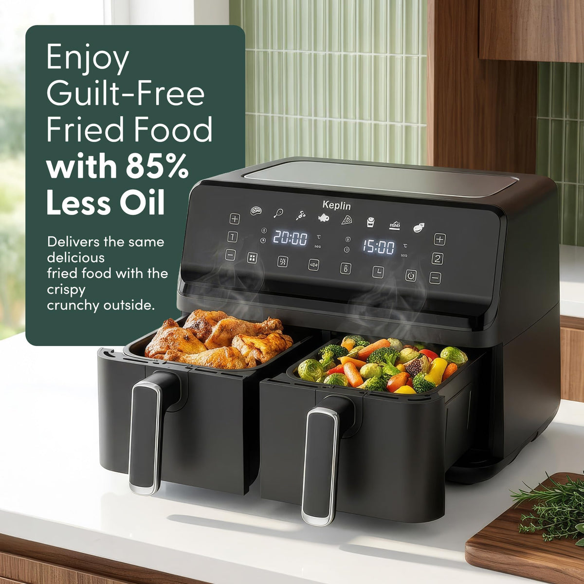 Keplin 9L Dual Zone Air Fryer - 2700W 8-in-1 Cooker Black
